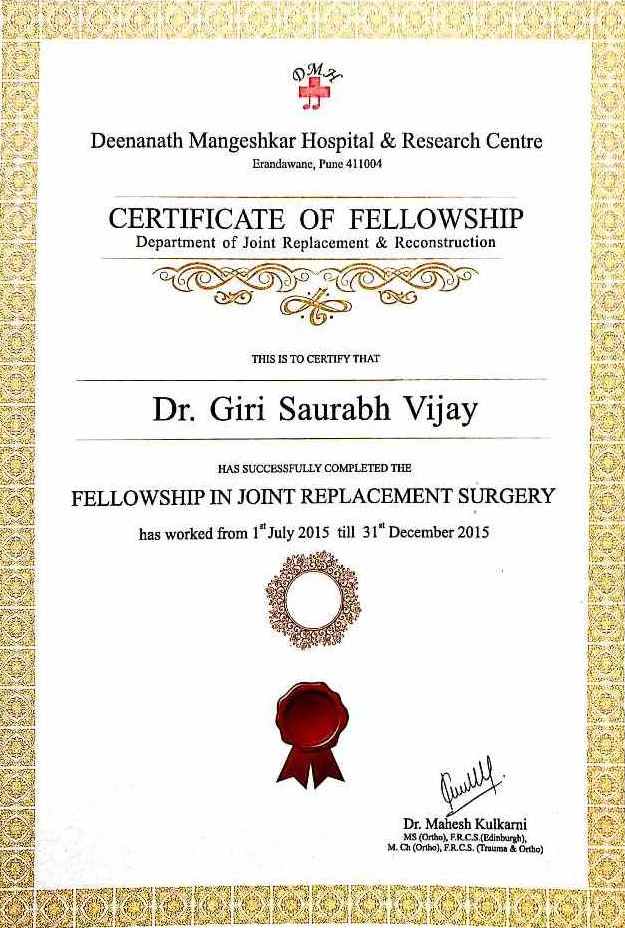 Certificate of fellowship department of joint replacement and reconstruction