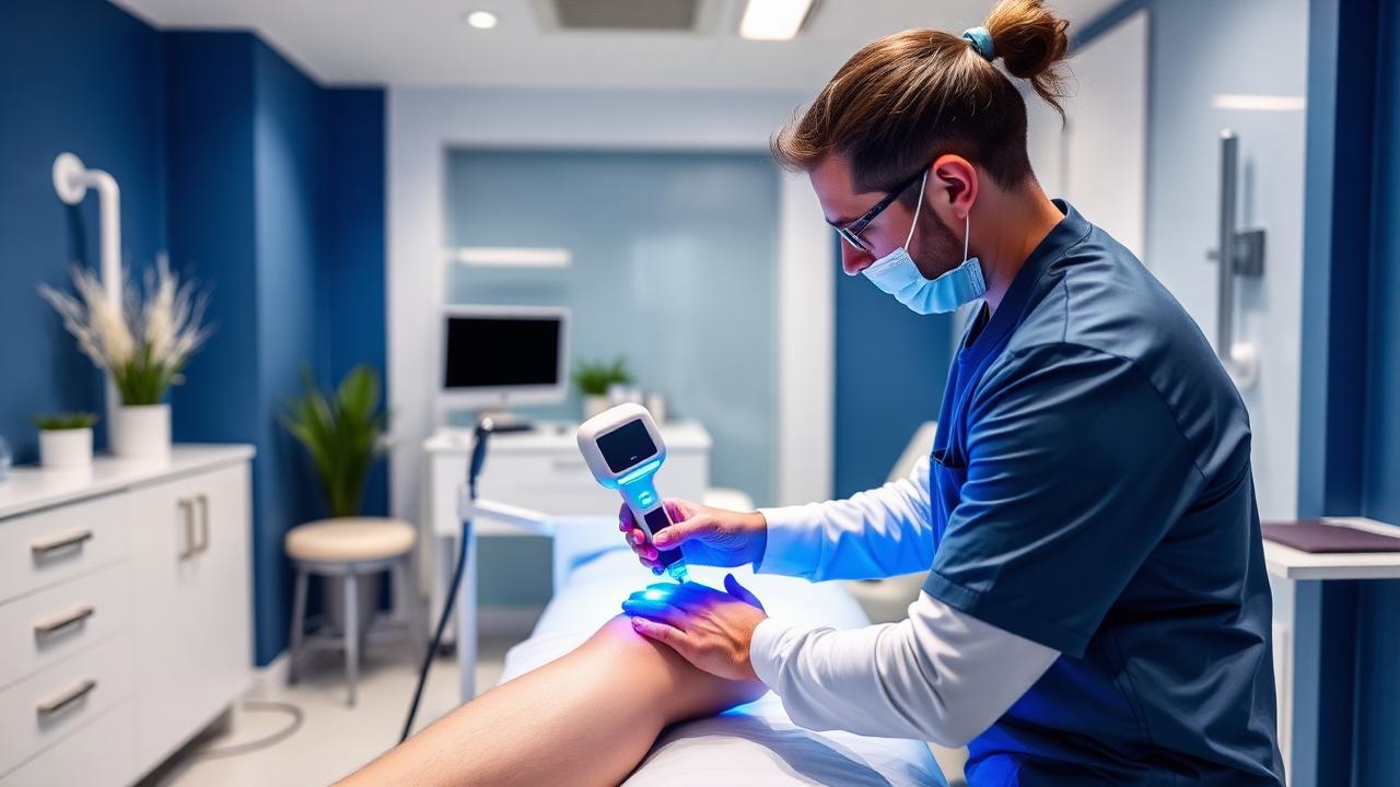 Physiotherapist applying Class 4 laser therapy to a patient's knee in a modern Pune clinic